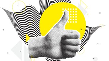 A collage of a hand in a thumbs up with abstract shapes to show the idea of a positive employee satisfaction and wellbeing 